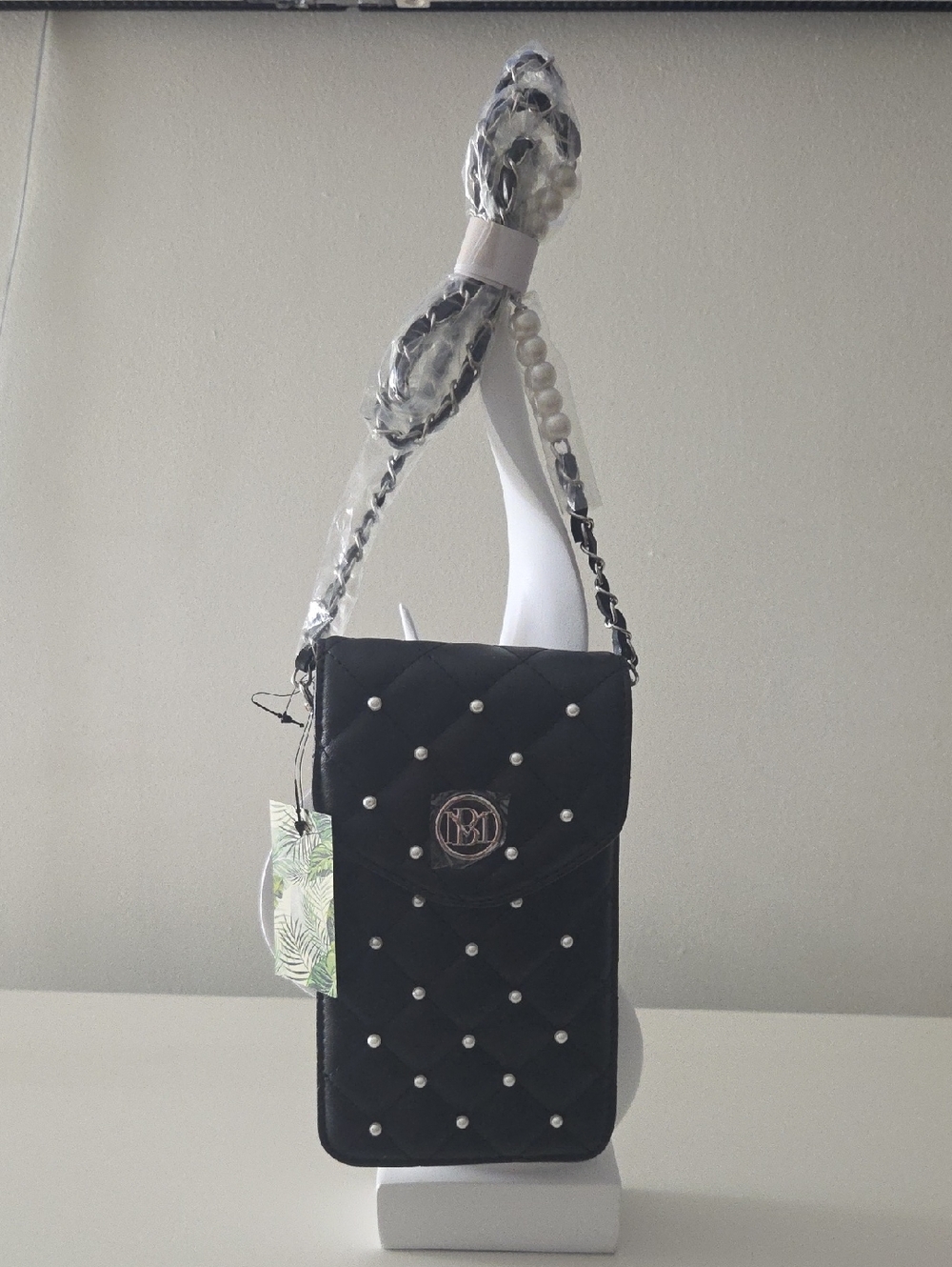 Badgley Mischka Black Quilted Pearl-Stud Crossbody Bag